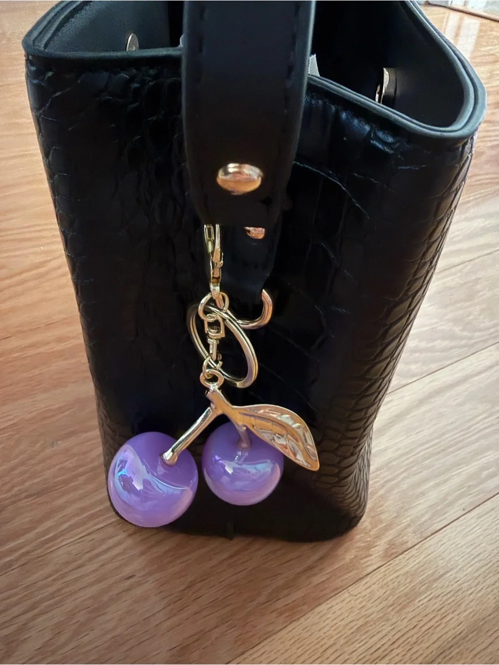 Source Unknown Gold Cherry Keychain with Lavender Pearlescent Cherries